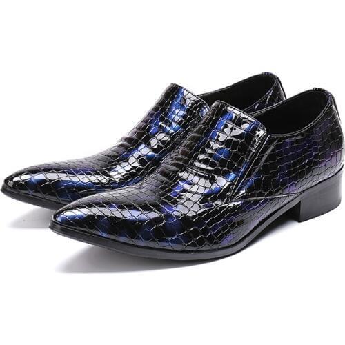 2019 Spring Autumn Dress Shoes Man Pointed Toe Business Shoes Mens Flats Oxfords Slip-On Solid Snake Leather Mens Shoes Casual