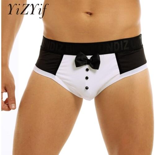 Mens Erotic Soft Lingerie Sex Underwear Waiter Tuxedo Color Splice Cute Bow Tie Sexy Panties Mesh Boxer Briefs Sexy Underwear