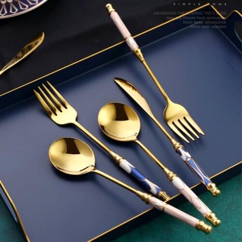304 Stainless Steel Gold-plated Cutlery Set Dessert Fork Knife Spoon Set Dinner Knives Ceramic Handle Flatware for Restaurant