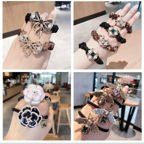 Luxury Zirco Rhinestone Hair Scrunchie Women Camellia bees bows Crystal Elastic Hair Bands Rubber Rope Girls Hair Accessories