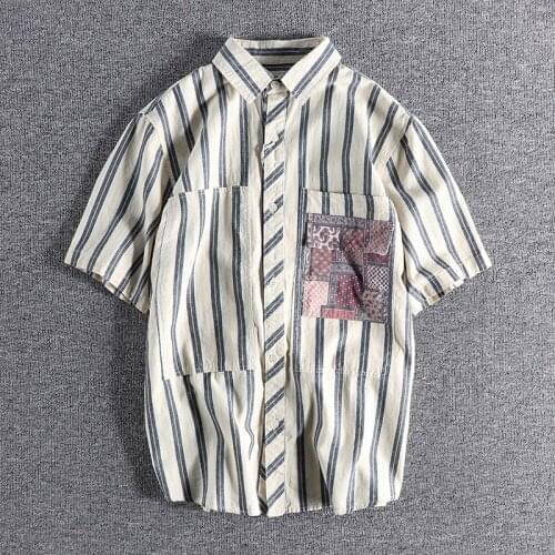 Trendy yarn dyed striped shirt mens breathable and comfortable summer thin Lapel short sleeve top youth shirt 151