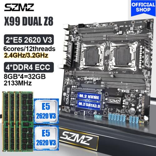 SZMZ X99 Dual Motherboad Set with 2 E5 2620 V3 CPU 4*8GB DDR4 RAM Combo Support Pack Xeon E5 V4 V3 cpus kit Base Plate X99 Combo