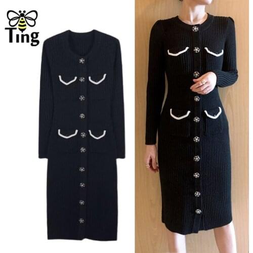 Tingfly Vintage Elegant Designer Button Knitwear Bodycon Dress Retro Fashion Sheath Party Dresses Black Winter Autumn Elbise SP