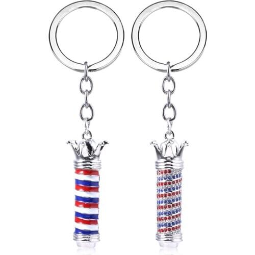 Hip Hop Barber Shop Pole 3D Barber Pole Crown Turn lamp Keychain Hair Dryer Combs Scissors Pendant Key Chain Jewelry Accessories
