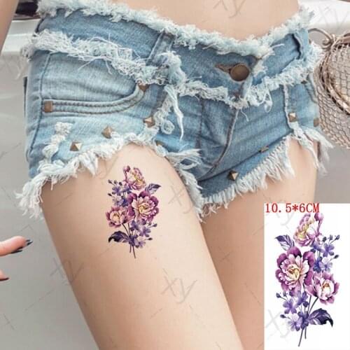 Waterproof Temporary Tattoo Sticker Purple Peony Flowers Lavender Small Size Ins Body Art Flash Tatoo Fake Tatto For Woman Men