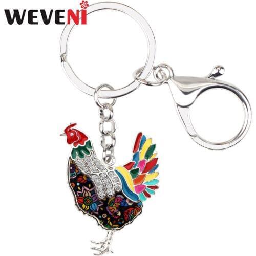 WEVENI Metal Enamel Rhinestone Chicken Hen Key Chains Keychain Keyrings Farm Animal Jewelry For Women Girls Hot Car Pendant 2018
