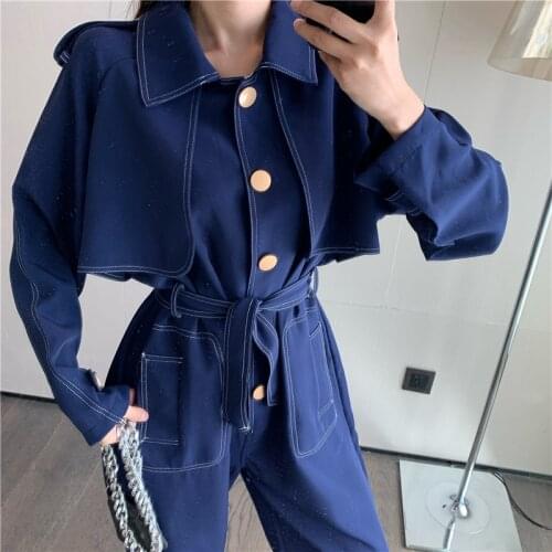 Early Autumn Womens Clothing New Fashion Style Design Sense Square Tie High Waist Tooling Jumpsuit Straight Casual Pants