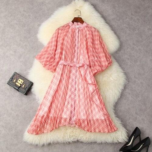 European and American womens wear for summer 2021 Seven minute sleeve lantern sleeve stand collar checkered Fashiona Belt Dress