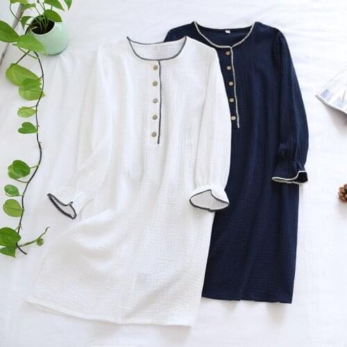 Womens Casual O-Neck Sleepshirts Lantern Sleeve Nightgown Spring Autumn New Sleepwear Cotton Nightdress Sweet Lace Home Dress