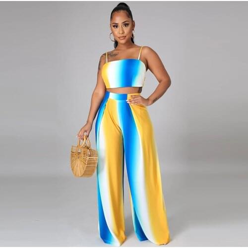Women Tracksuit Gradient Color Matching Set 2021 Summer Spaghetti Strap Slim Fit Crop Top and Loose Wide Leg Trouser Co-ord Set