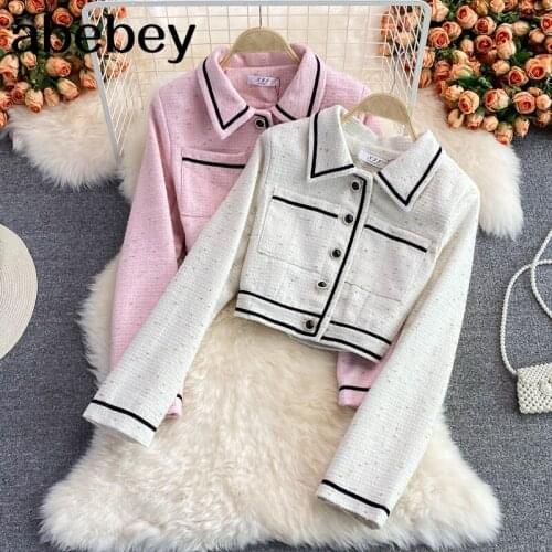 2021 New Spring Autumn Fashion turn down collar long sleeve Cardigan hit color stripe patchwork high waist short tweed Jacket
