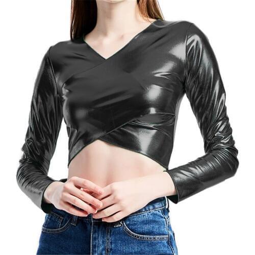 Womens Long Sleeve Crop Tops Shiny V Neck Cross Wrap Tops Bodycon Short TShirts Latex WetLook Party Night Stage Dance Clubwear