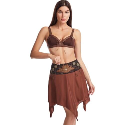 Brown Front Lace Up Sexy Bra And Beaded Chains Low Waist Asymmetrical Vintage Skirt Women Gothic Clothing Steampunk Bralette Set