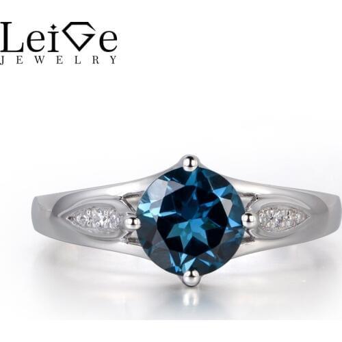 Leige Jewelry London Blue Topaz Ring Sterling Silver 925 Round Cut Blue Gemstone Jewelry Wedding Engagement Rings for Women