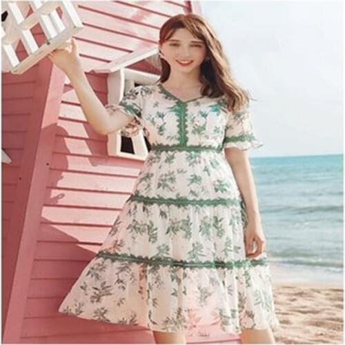 Summer Floral Printed Women Beach Dresses Green color dress Short Sleeve V-Neck Soft Dresses polyester Fashion 2020