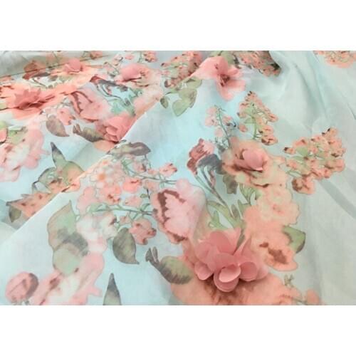145*100cm iceblue 3D prom lady performance Dress Applique DIY veil printed flowers Chiffon Fabric Patch curtain free shipping
