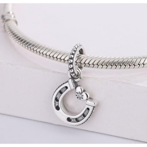 925 Sterling Silver Good Luck Horseshoe Dangle Heart-Shaped Beads Charm Pendant Bracelet Jewelry Making For Pandora