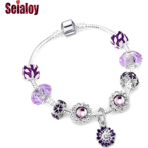 Seialoy New Purple Flower Charm Bracelets For Women Original Purple Crystal Bead Snake Chain Bracelet Girl Birthday Jewelry Gift