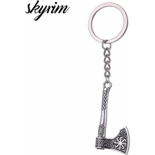 Skyrim Vitage Viking Axe Thor Hammer Charm Wrap Anchor Men Key Chain Symbol of Norse Mens keychain For Men Gift