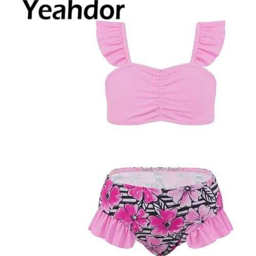 Kids Girls Swimwear 2021 Swimming Outfit Straps Ruched Front Ruffle Trim Crop Tops and Briefs Set Children Beach Bathing Suit