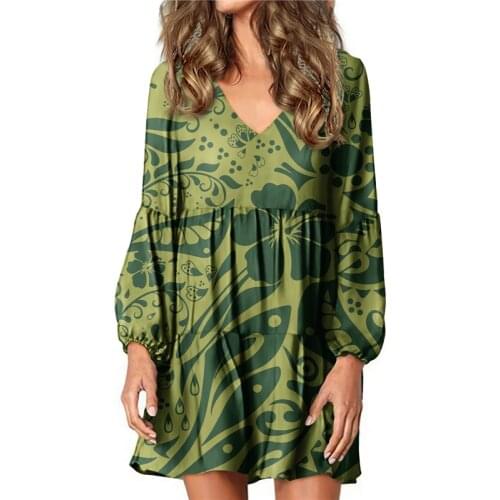 Hycool Hot Sale Summer Sexy V Neck Lantern Sleeve Loose Casual Home Dresses Wholesale Polynesian Print Women Plus Size Clothing