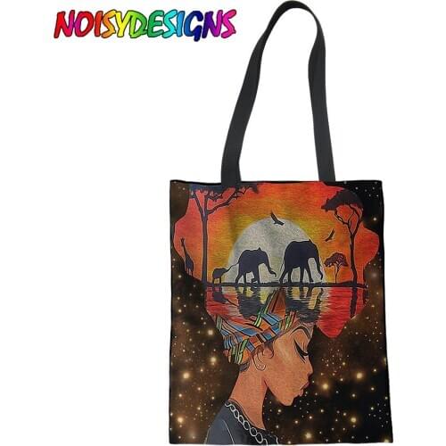 NOISYDESIGNS Art Afro Lady Girls Printed Canvas Reusable Shopping Bag Women Foldable Grocery Storage Bags Large Casual Totes Bag