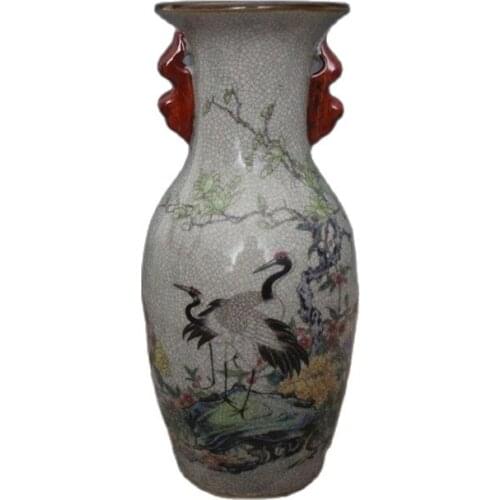 Chinese old porcelain Crack Glazed Pine Crane Spring Painting Double ear Vase
