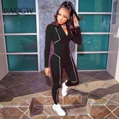 Striped Spliced Slim Fit Party Jumpsuit for Women Long Sleeve Skinny Romper Moto Biker Black Bodycon Sports Fitness Jumpsuit