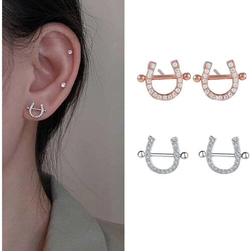 Creative Fashion U Shaped Rhinestones Stud Earrings Simple Small Exquisite Elegant Ear Jewelry for Women Girls