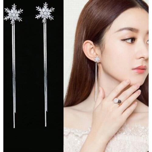 Cute Girls New Long Tassel Crystal Snowflake Dangle Earrings For Women Rhinestone Korean Style Drop Earring Jewelry Party Gift