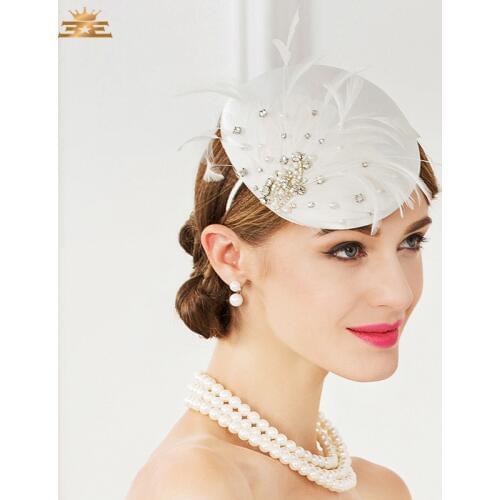 New Women Fedoras Party Cap Female Winter European Noble Linen Hat Female British Ladies Dress Party Feather Hat B-4833