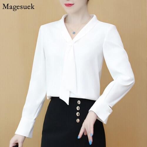 Autumn Long Sleeve Pullover White Shirt Women Bow Office Lady Elegant Blouse 2021 New V-neck Solid Women Shirts Blouses 10876