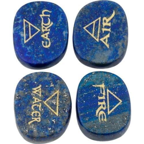 TUMBEELLUWA 1Set (4Pc) Lapis Lazuli Palm Stone Engraved Element Symbols Healing Crystal Reiki Air Water Fire Earth