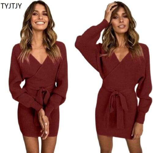 TYJTJY Long Sleeve Elegant Tunic Sweater Dress Women Party Bodycon V Neck Casual Mini Slim Knitted Warm Winter Dress