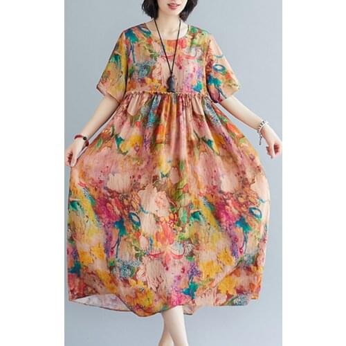 Short Sleeve Loose Women Summer Dress Print Pattern Vintage Dress High Waist O-neck Fashion Dress Female Casual Midi Dress