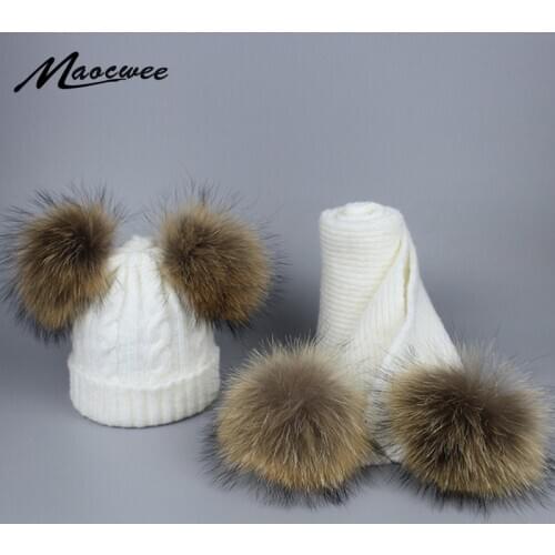 Parent-child Cap and Scarf Set Cute Kid Baby Real Fur Pompon Winter Knitted Hat Cap Four Nature Fur Pom Pom Balls Beanie Bones