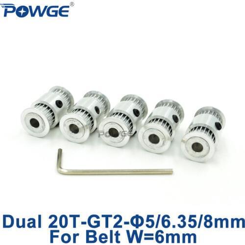 POWGE Ultimaker2 DIY dual 20 Teeth GT2 Timing Pulley Bore 5mm 6.35mm 8mm for width 6mm 2GT belt Dual side Gear 20teeth 20T 5pcs