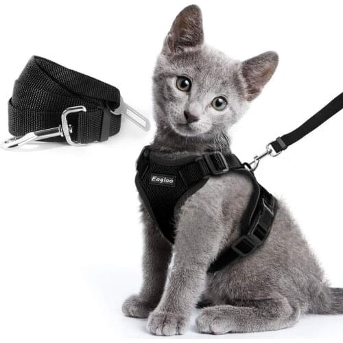Escape Proof Cat Vest Harness and Car Seat Belt Adapter Adjustable Reflective Cat Harness Soft Mesh Harness for Kitten Puppy
