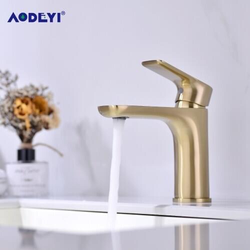 Solid Brass Bathroom Basin Faucet Hot and Cold For Water Mixer Taps Deck Mounted Sink Tap Single Handle Faucets Brushed golden
