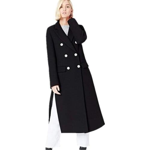 Fashion Street Wear Double Breasted Straight Side Slit X-Long Coat Cashmere Wool Jacket Bottom Split Wide Waist Woolen Outerwear
