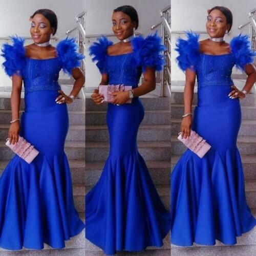 2020 Evening Gowns abiye Custom Made Mermaid Royal Blue Beads Africa Formal Dresses Feather Aso Ebi Plus Size