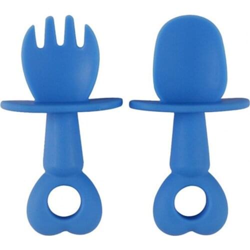 2Pcs/Set Kid Spoon Fork Kit Food Grade Rounded Edge Silicone Self Feeding Baby Fork Set for Toddler Dinnerware