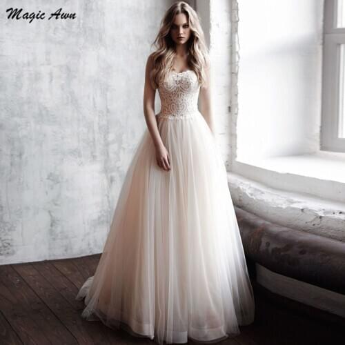 Magic Awn Graceful Light Champagne Wedding Dresses 2021Sweetheart Lace Appliques A-line Princess Bridal Gowns Sweep Train Robes
