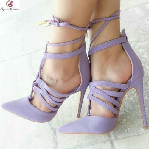 Original Intention Summer Purple Sandals Gorgeous Cross-tied Pointed Toe Thin High Heels Sandals Shoes Woman Plus Size 4-15