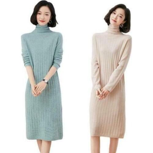 Womens Turtleneck Cashmere Dress Pullover Casual Mid Length OL Elegant L