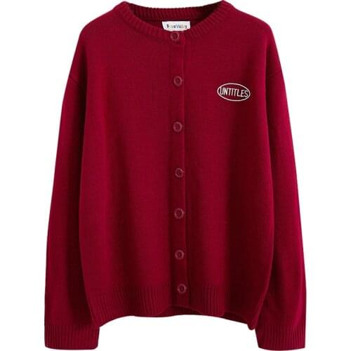 Womens Kawaii Cardigan Ulzzang Red Letter Embroidery Sweater Cardigan Knitted Jumper Harajuku Loose Cardigans for Girls