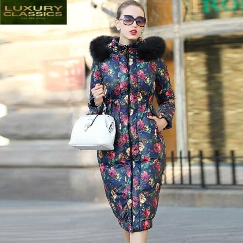 Women Womens Down Jacket Winter Real Raccoon Fur Hooded Duck Down Coat Female Korean Floral Warm Down Parkas Hiver 008
