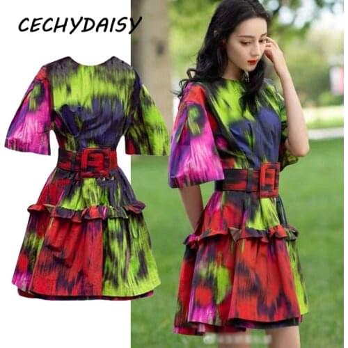 Runway Fashion 2021 Summer Dress Women Clothes O-Neck Short Sleeve Floral Printed Pary Boho Beach Ruched Elegant Za Mini Dresses