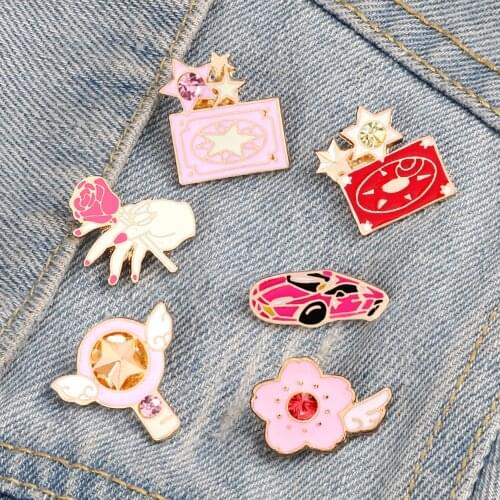 Cardcaptor Sakura Magic Book Wand Lapel Enamel Pins Pink Car Holding Rose Flower Brooch Bag Badge Classic Animation Jewelry Gift