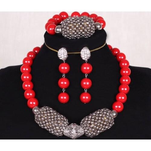 Dudo Red Artificial Coral Beads Jewelry Sets Grey African Beaded Crystal Balls Choker Necklace Set Free Shipping 2020 Fashion